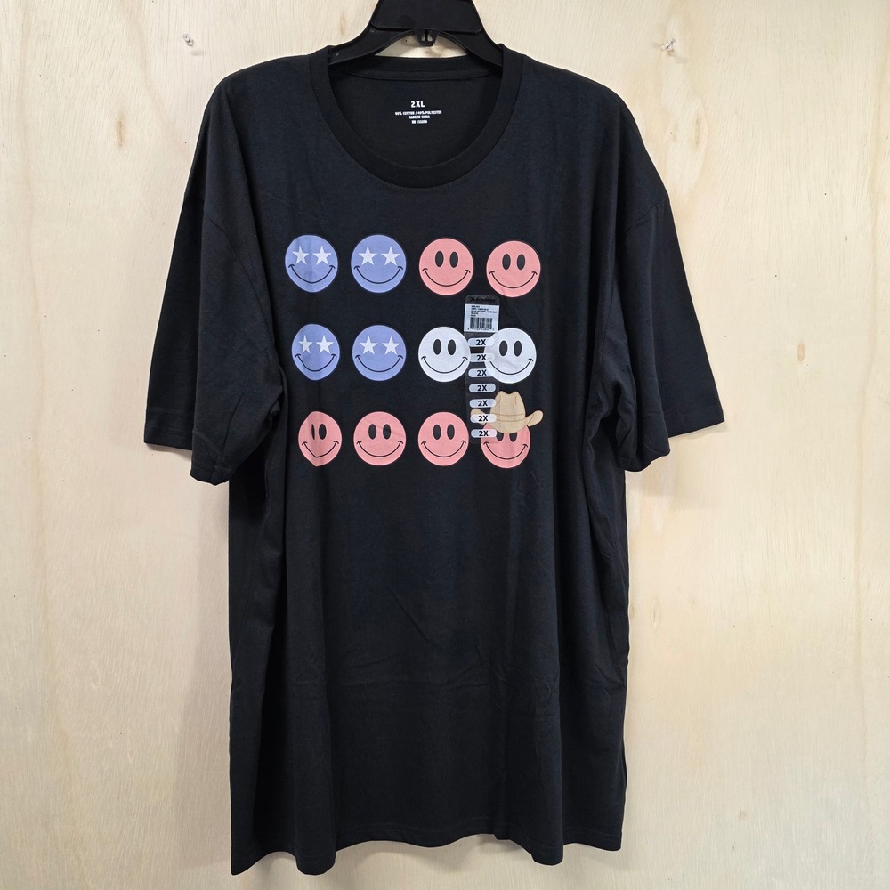 Academy Mens 2XL Black Smiley Face Cowboy Hat Graphic T-Shirt New
